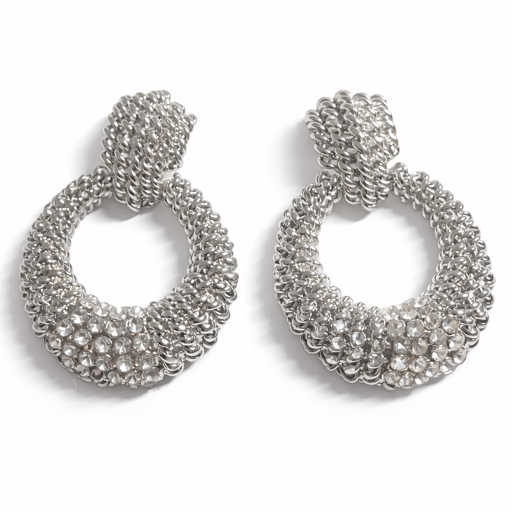Silver Braided Crystal Hoops