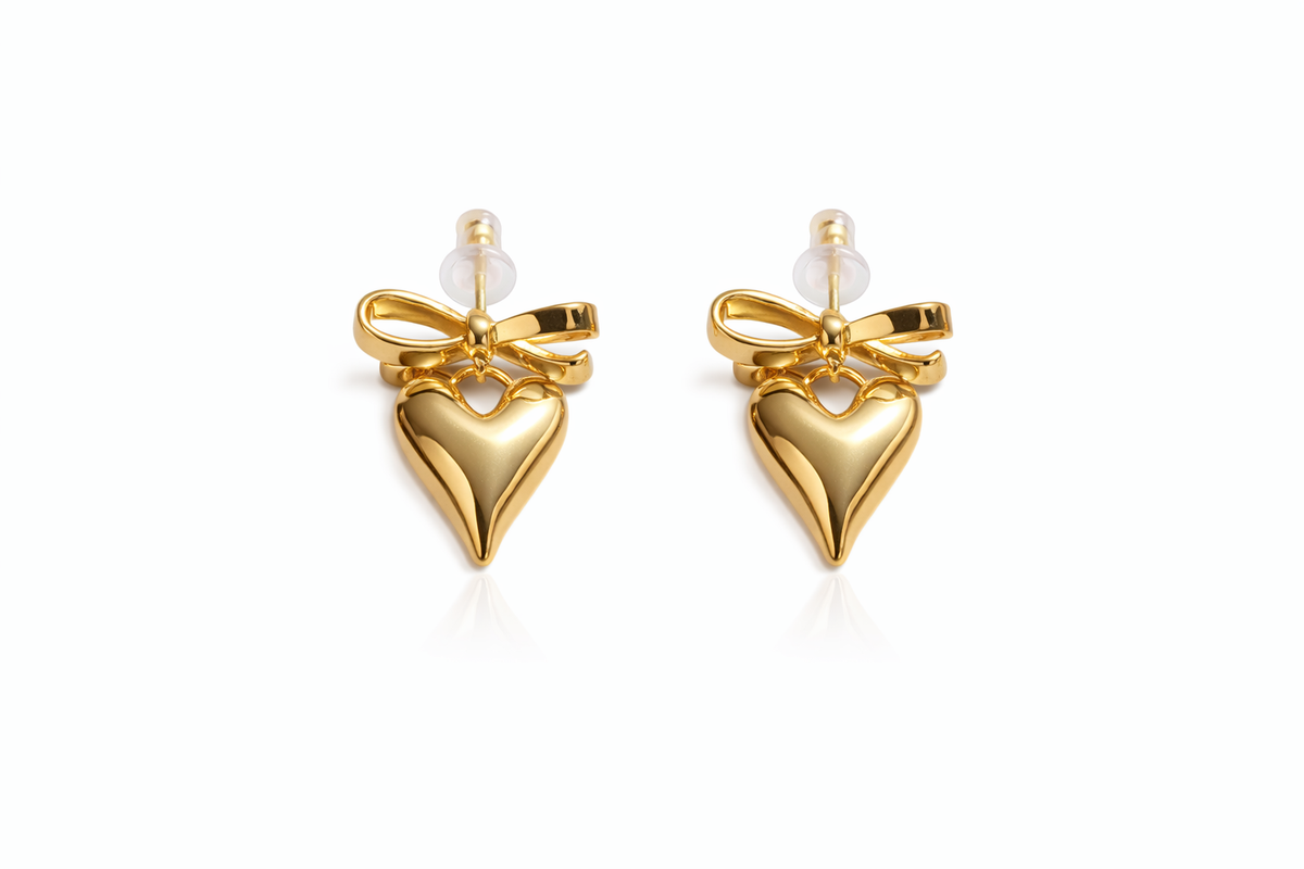 Gold Bow Heart Earrings