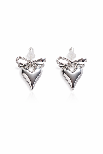Silver Bow Heart Studs